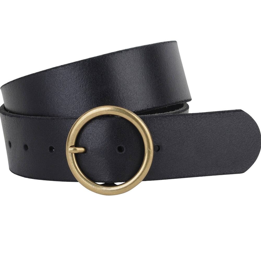 Wide Brass Toned Single Ring Round Buckle Leather Belt Black